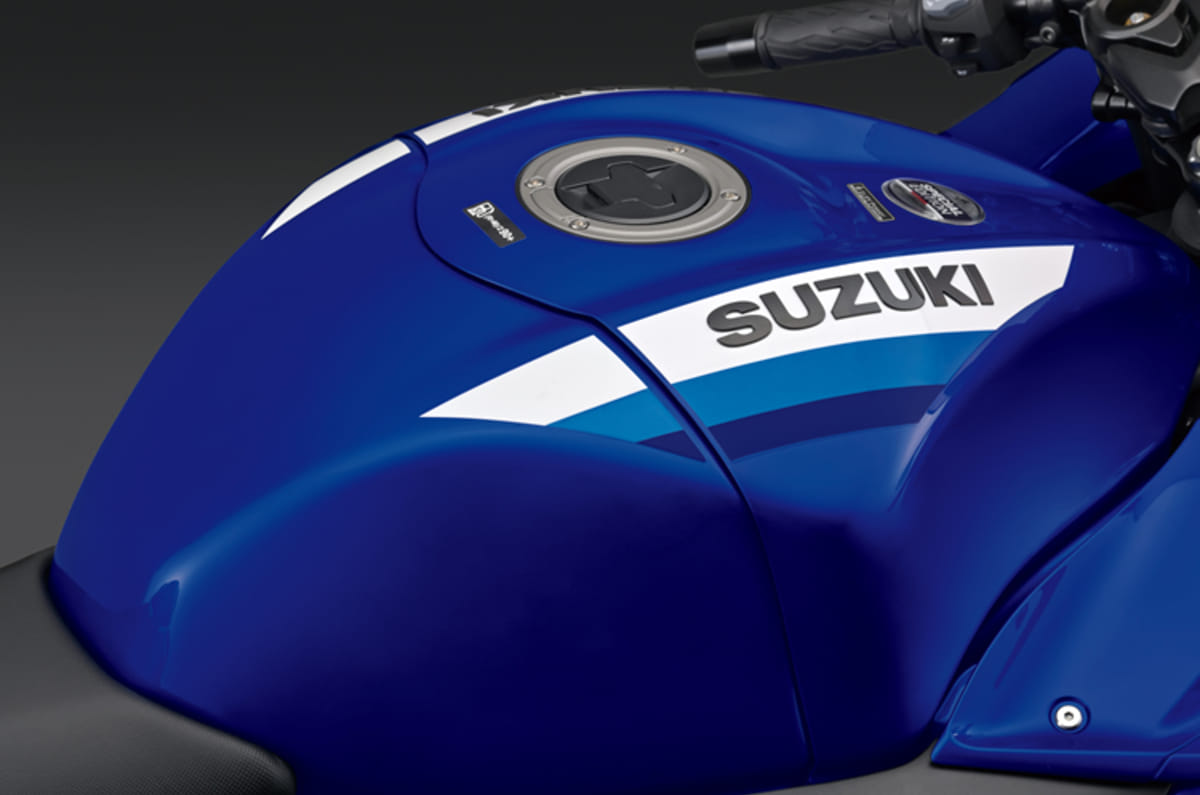 such as a new special edition emblem and a thicker, retro font used for the Suzuki logo on the tank.